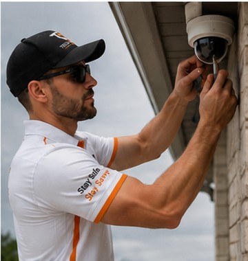 A Tech Savvy technician installing an exterior security camera