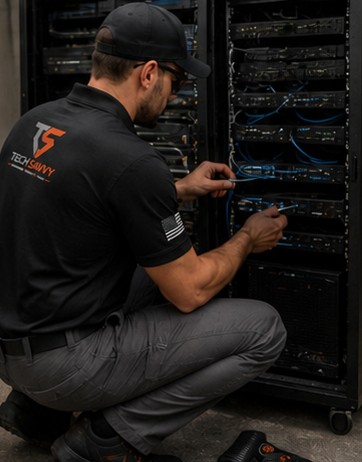 A Tech Savvy technician organizing and configuring network equipment