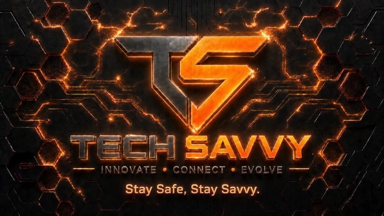 Tech Savvy — Stay Safe, Stay Savvy. Orange electric TS emblem on a dark metal hexagonal grid.
