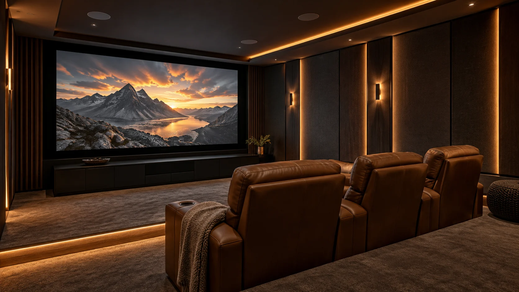 Design inspiration: a charcoal home theater with warm accent lighting