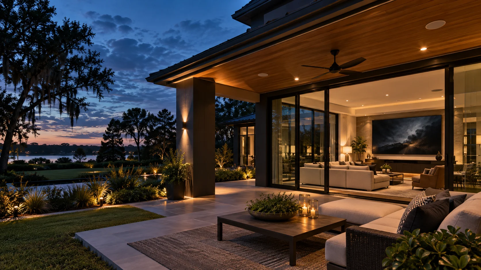 Design inspiration: a warmly lit home and covered patio at dusk
