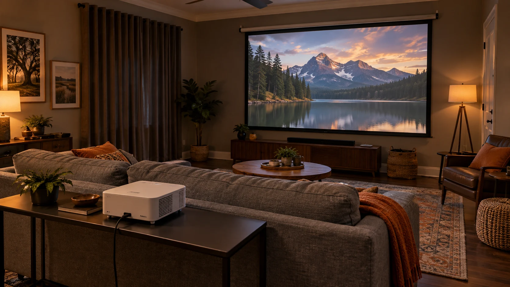 Illustrative living room with a sofa, compact projector and pull-down movie screen at dusk